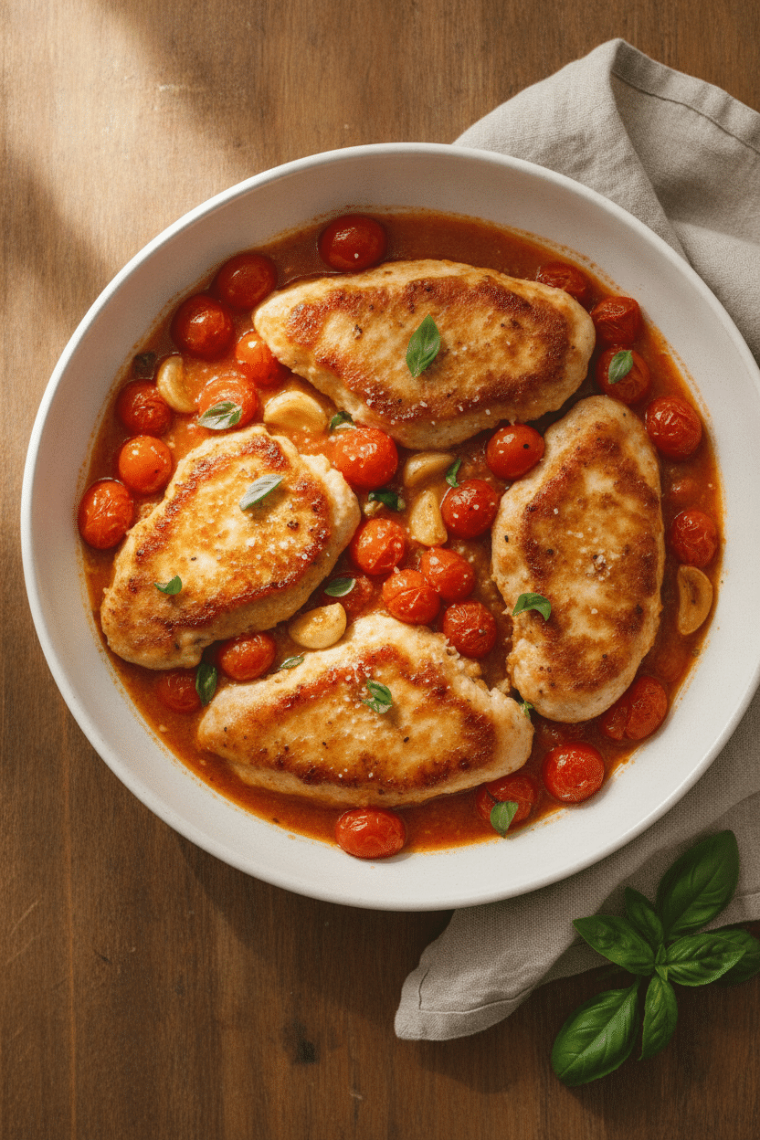 Photo-style overhead view of finished skillet tomato basil chicken, four golden chicken cutlets nestled in glossy cherry…