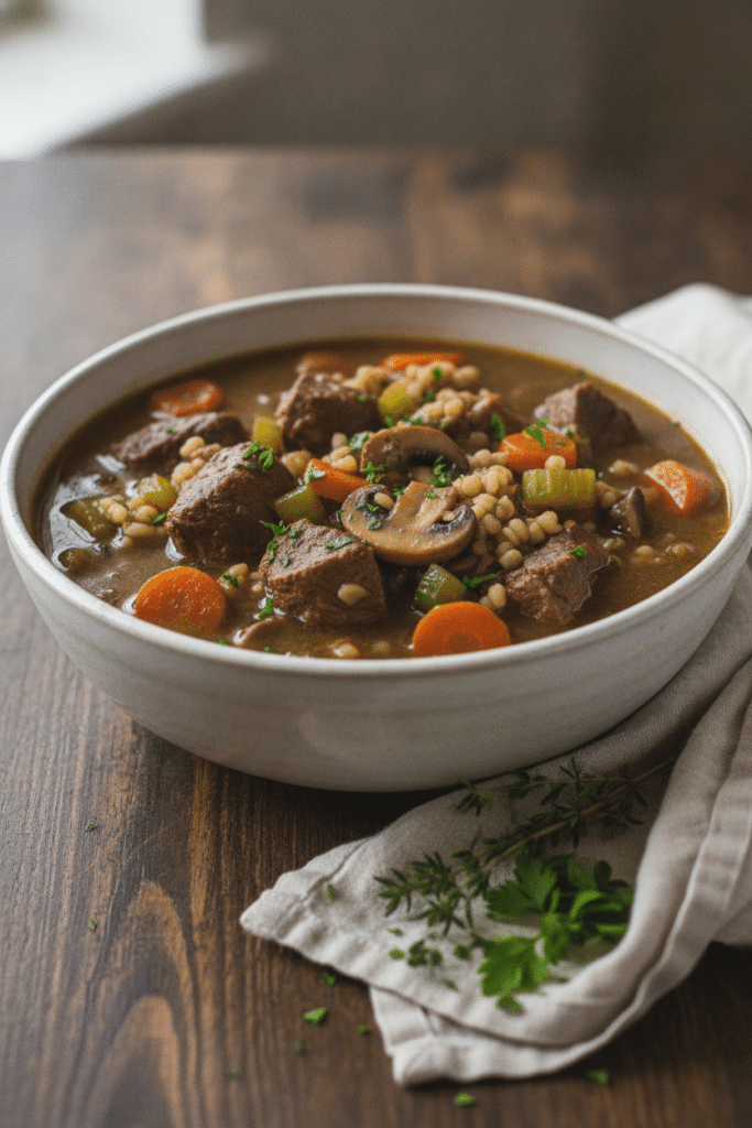 Photorealistic finished slow cooker beef and barley stew in a deep off-white ceramic bowl, visible tender chunks of beef