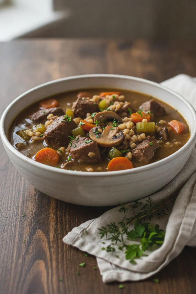 Photorealistic finished slow cooker beef and barley stew in a deep off-white ceramic bowl, visible tender chunks of beef