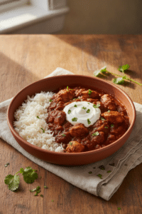 Finished slow cooker berbere chicken stew served in a wide rustic ceramic bowl, tender chicken pieces in a deep red…