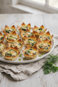 Photorealistic food photography of finished spinach artichoke wonton cups arranged on a simple white ceramic platter,…