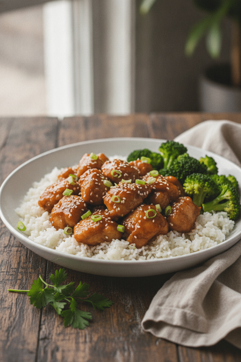 Sticky garlic soy chicken bites served over fluffy white rice in a shallow white bowl, glossy brown sauce coating the chicken